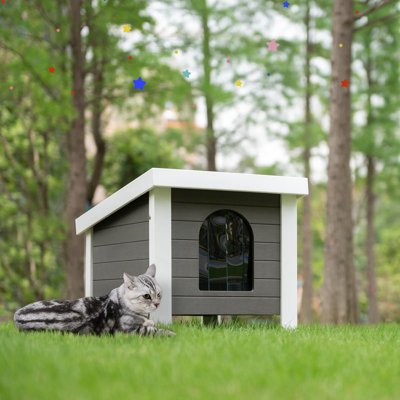 Outdoor Small Cat House Weatherproof–Insulated Poly Lumber Shelter with Escape Door, Openable Roof & Removable Floor, All-Season Protection for Stray & Feral Cats,Grey&White