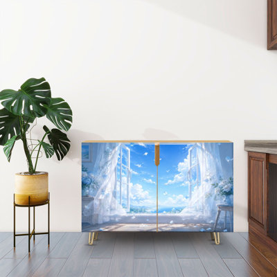 Sideboard Buffet Cabinet with Storage Open Window Blue Sky Flowing Curtains Dreamy Fantasy with 2 Doors for Living Room and Kitchen