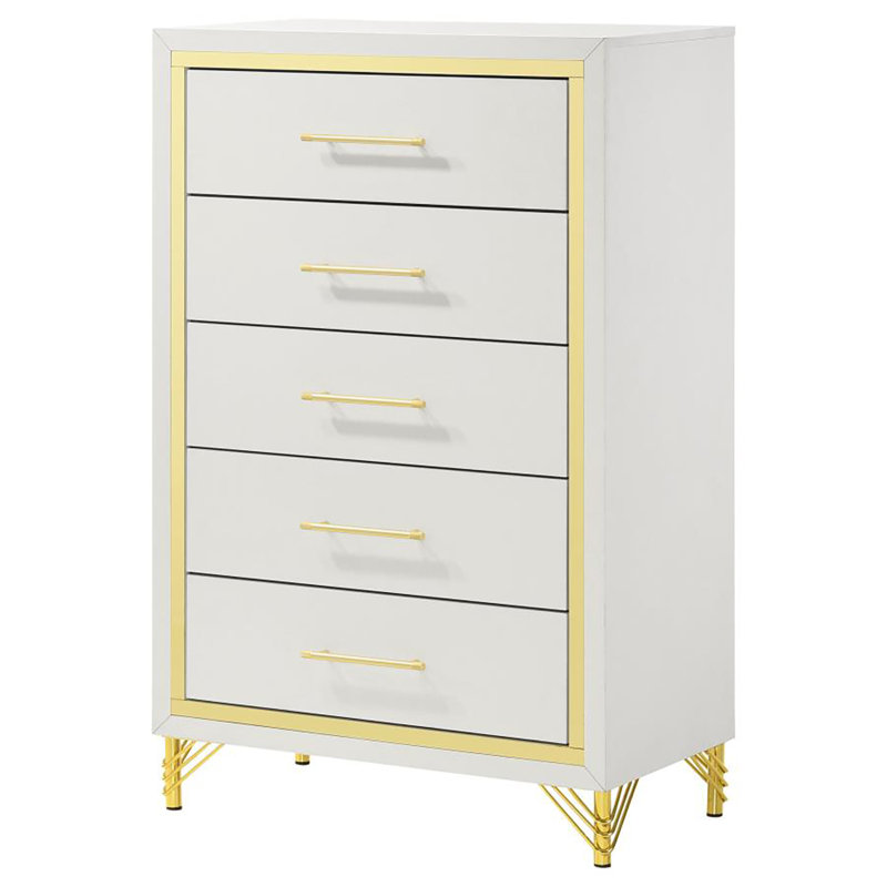 Commode 5 tiroirs Leibowitz, Blanc / Doré