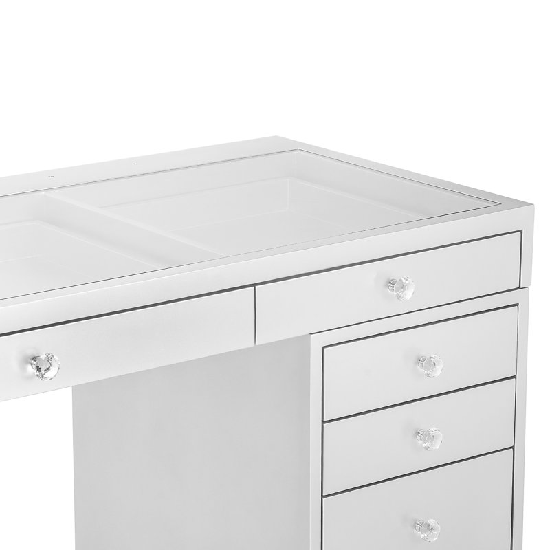 Bureau de maquillage Slaystation Pro Premium avec verre transparent, tiroirs à fermeture en douceur et boutons Crystal Lux