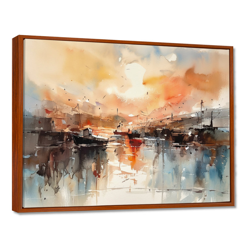 Orange And Brown Harbor Reflections Framed On Canvas Print, 34" H x 44" W x 1.5" D, Brown