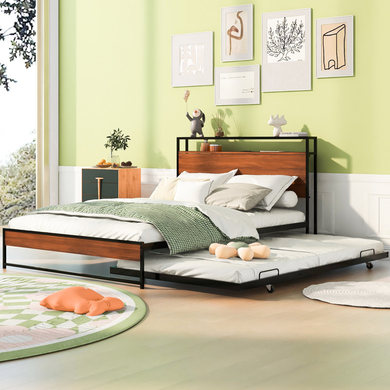Lit plateforme en métal avec couchette et ports, avec lattes supportées. Pleine grandeur, noir. Aucun sommier tapissier requis pour la décoration de chambre à coucher