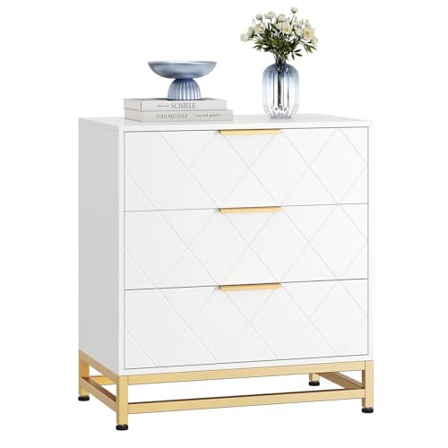 3-Drawer Wooden Dresser, Modern Wood Chest of Drawers with Golden Handles, White