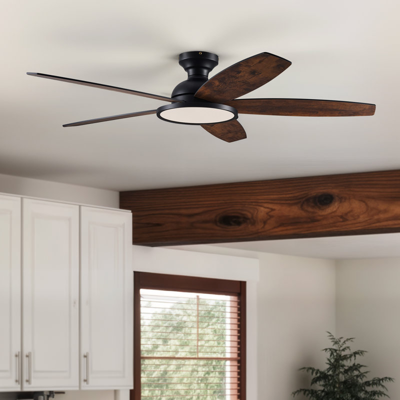 Ventilateur de plafond encastré à 5 pales avec lumière DEL et télécommande, Noir mat avec pales noir mat / brun, 52"