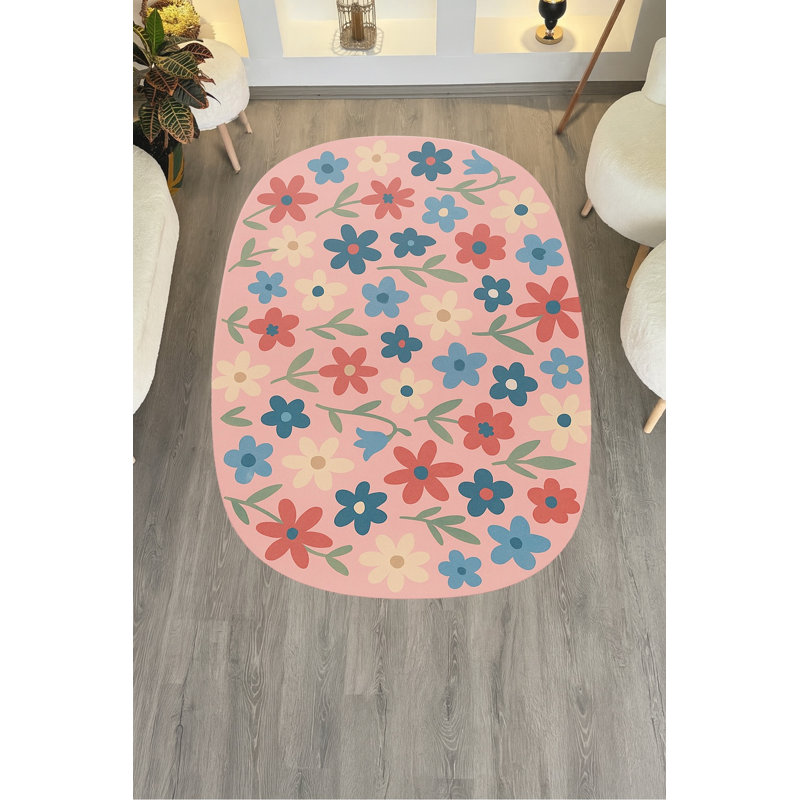 Tapis rose tissé à motif floral lavable Mosso, 2' x 2'11"