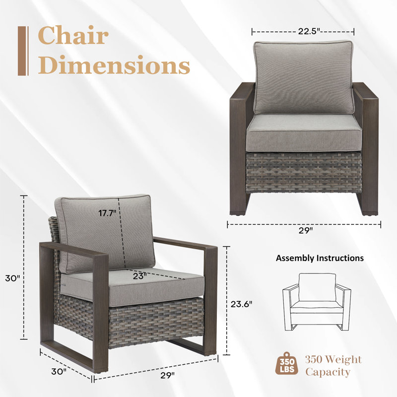Drazen Outdoor Wicker Club Chair Set Of 2 With Thick Cushions & Unique Wood-Grain Armrests, Gray/Gray