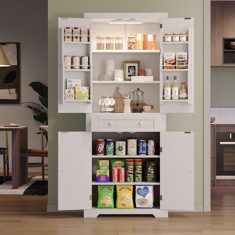 White 72" Tall Kitchen Pantry Cabinet with Motion Sensor Light