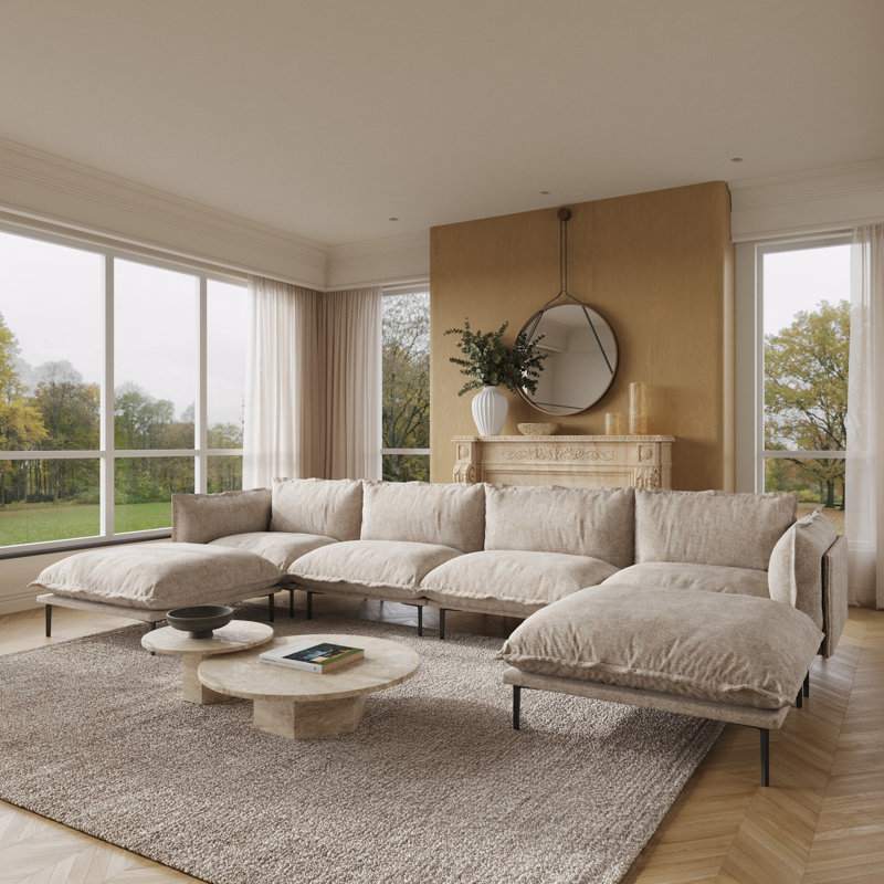 Traci Upholstered 147.24'' Wide Velvet Reversible Modular Sofa & Chaise,6-piece, Light Brown