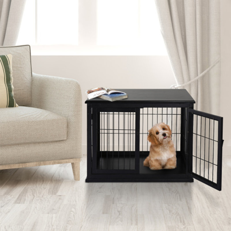 Table de bout pour chien avec cage pour deux petits côtés, Noir
