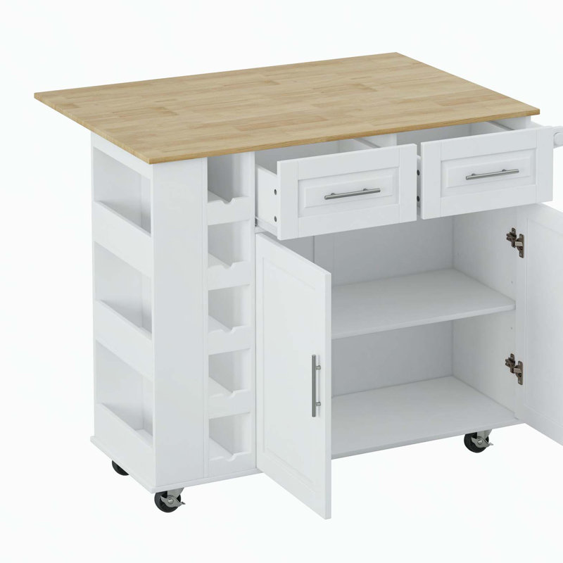 Chariot multifonctionnel pour îlot de cuisine avec armoire à 2 portes et 2 tiroirs, support à épices, porte-serviettes, support à vin et plateau de table en bois d'hévéa pliable (blanc)