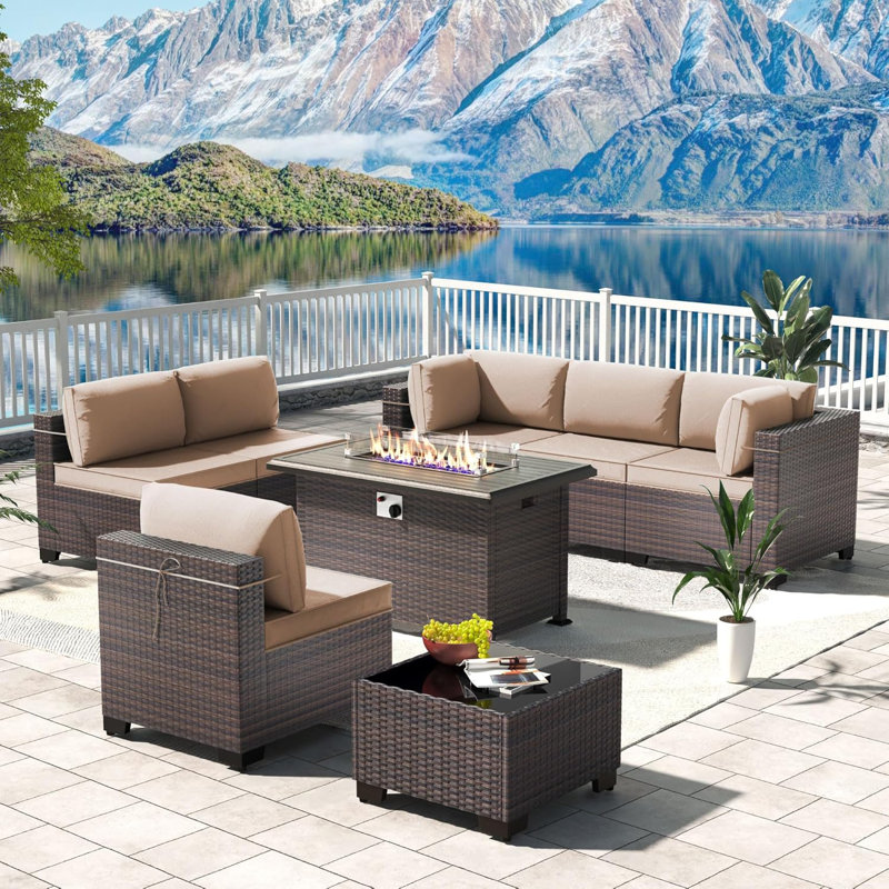 Yasmina 8-Pieces All-Weather Wicker Outdoor Conversation Sets With 55,000 BTU Fire Pit Table And Cushions, Sand