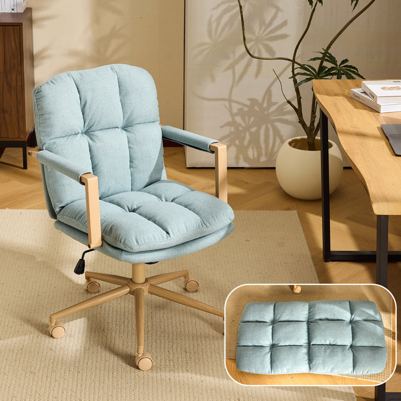Linen Blend Swivel Office Chair Adjustable Height With Wood Armrests For Home Office And Living Room, Blue