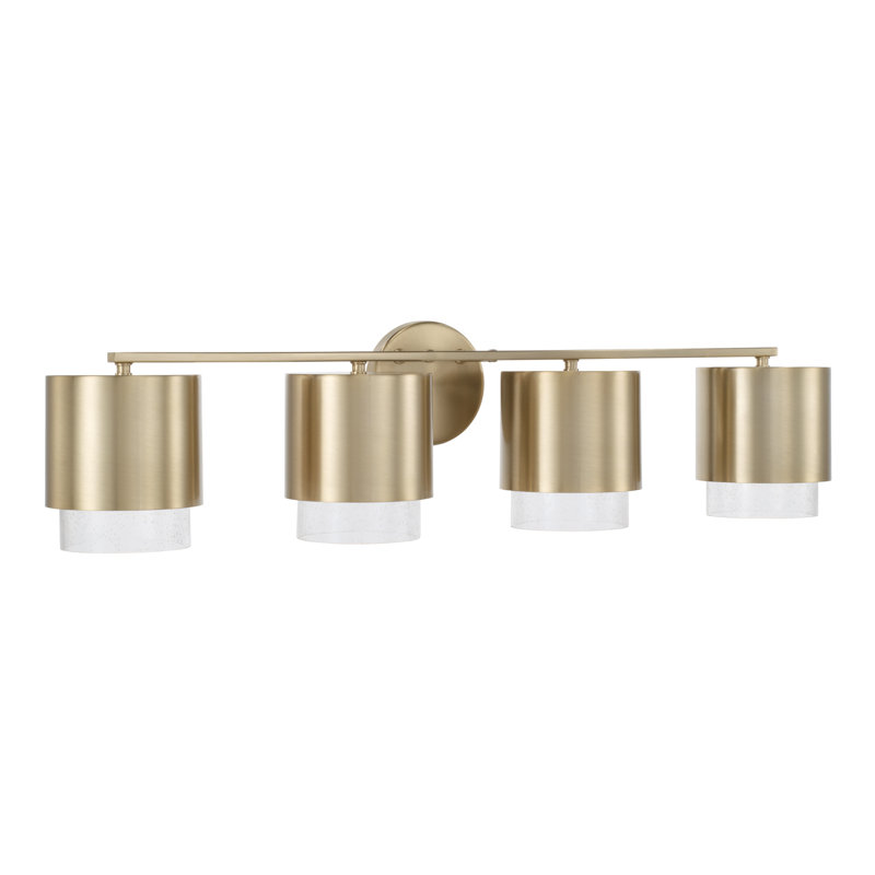 33.50"W x 8.25"H 4-Light Cylindrical Metal Vanity and Seeded Glass, Matte Brass