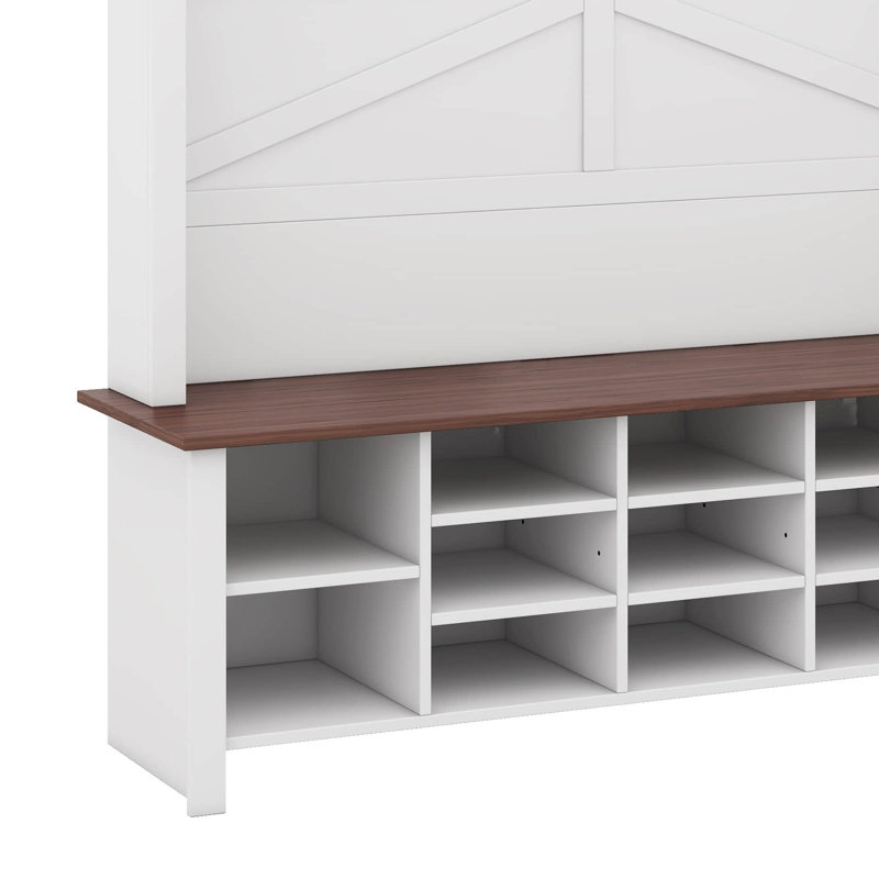 4-In-1 Hall Tree With 6 Hooks, Walnut Entryway Bench With Adjustable Shelves, Wooden Shoe Organizer With 16 Open Compartments