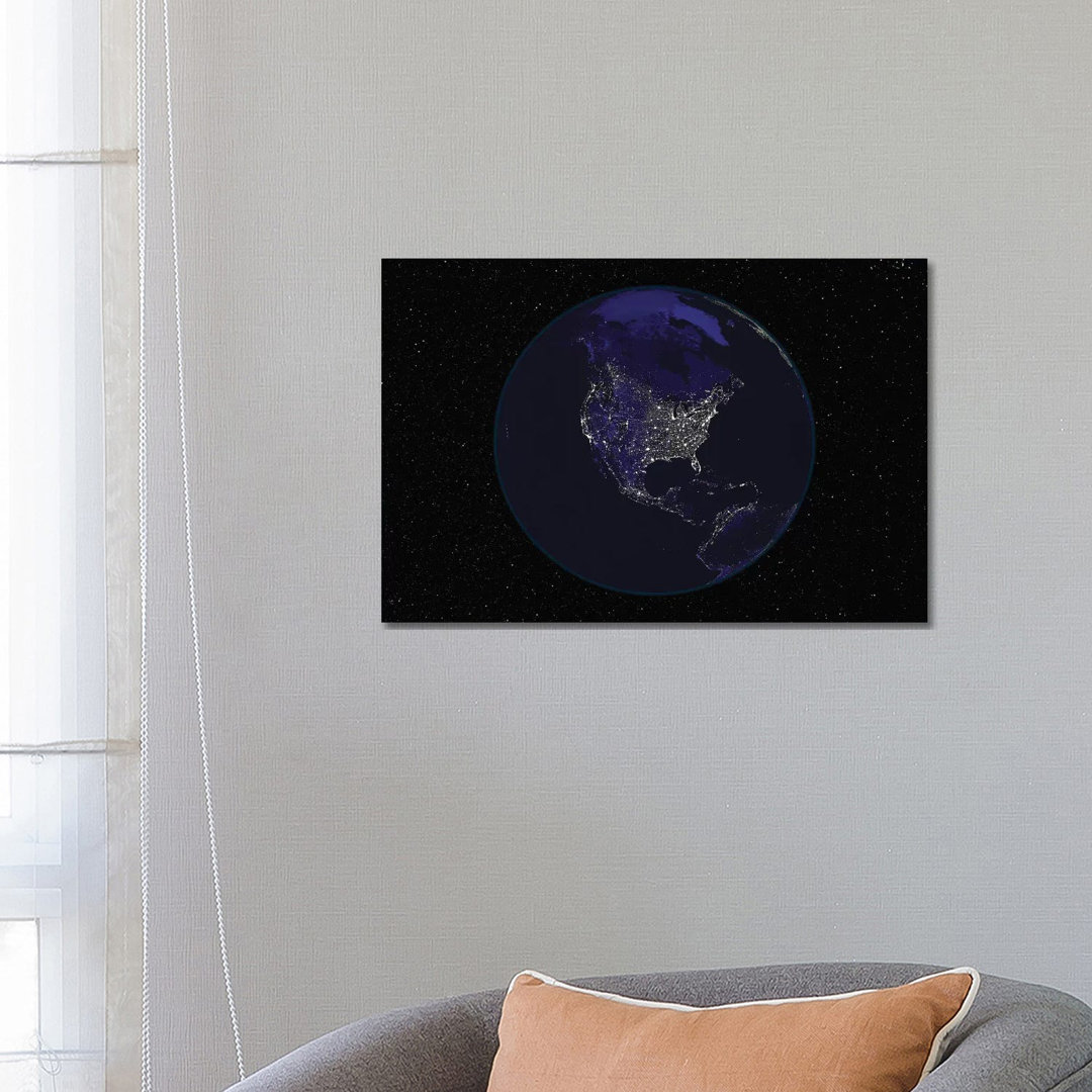 Full Earth At Night Showing City Lights Centered On North America von Stocktrek Images - Gallery-Wrapped Canvas Giclée o...