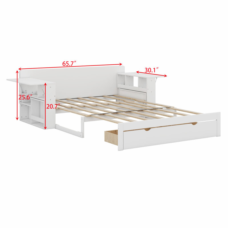 Daybed With Removable Desk, Storage Drawers & Hydraulic Side Table, White, Full / Double