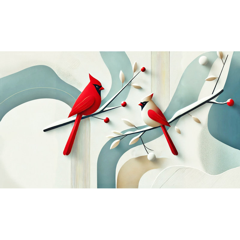 "Abstract Cardinals in Winter", reproduction d'art sur toile tendue, H 24 po x l 42 po