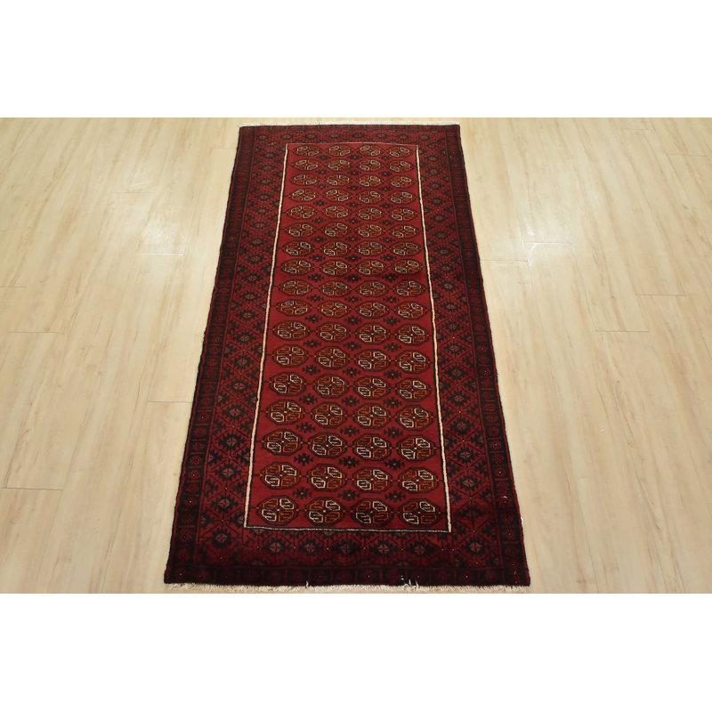 Tapis oriental rétro en laine rouge noué à la main 3 pi 3 po x 6 pi Bokhara