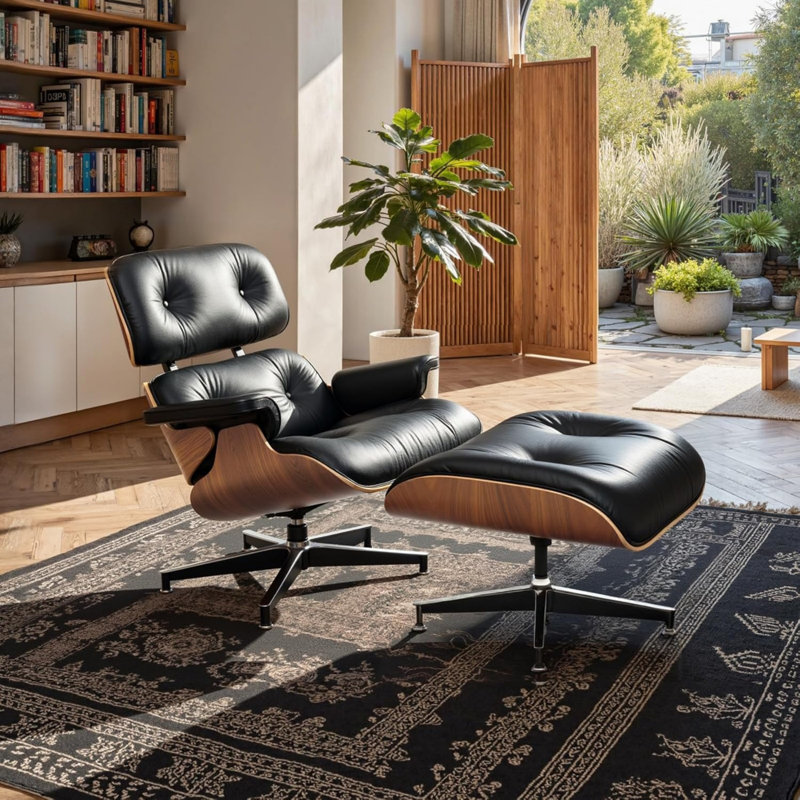 Lounge chair with Solid Wood, Black/Dark Brown Genuine Leather