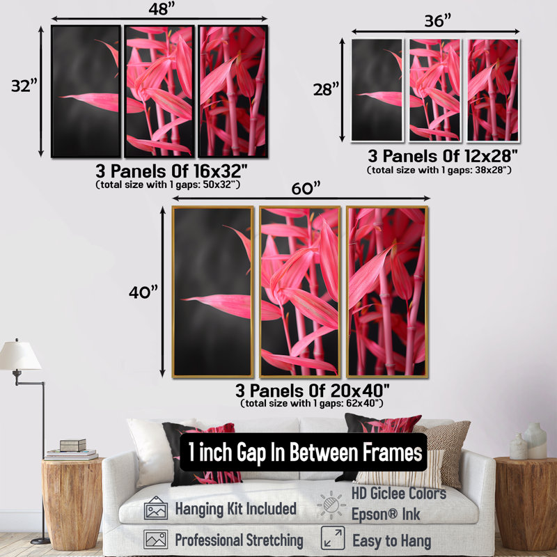 Pink Black Bamboo Garden III - Bamboo Wall Art Set, Cadre flottant noir, H 28 po x l 36 po