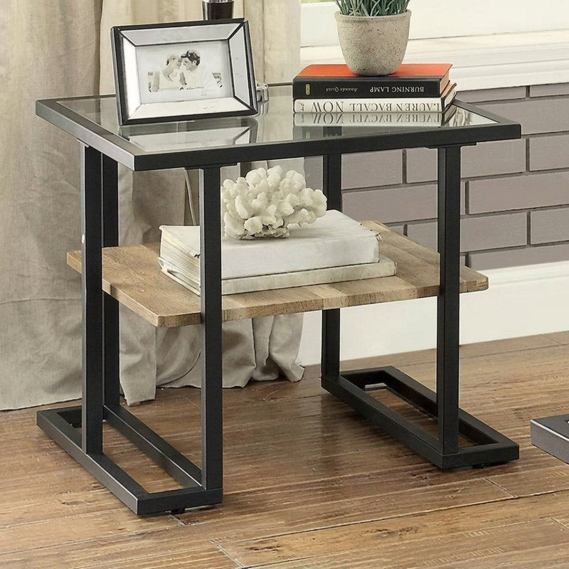 Wenviro 24 po Table de bout carrée en verre noire avec tablette en bois