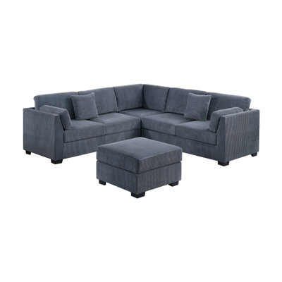 L-Sectional RAF/LAF One Arm-Loveseat Corner Wedge Cocktail Ottoman Dark Gray Corduroy Upholstered Pillows 4Pc Sectional Sofa Set