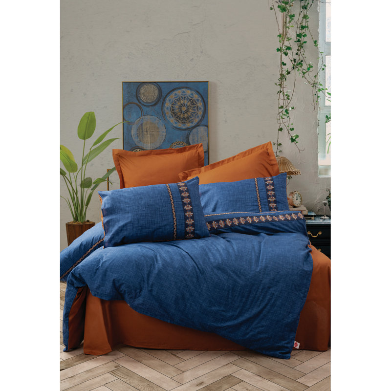 Ensemble de housse de couette 100% coton bleu foncé / orange Scottsville, Housse de couette 63 "x 87" + 1 taie d'oreiller st