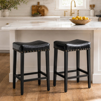 Comfort Saddle Bar Stools, 25.6 Inch Oil Waxed Leather Modern Kitchen