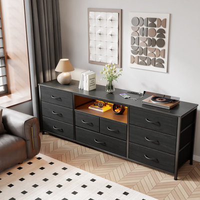 63 Inch Wide 9-Drawer Fabric Storage Dresser with LED Lights & Power Outlets, TV Stand Media Console Cabinet for Up to 75 Inch TV, Bedroom Household Organizer