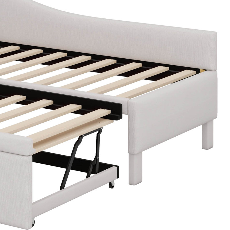 Lit de jour simple en L rembourré en forme de L - Lit gigogne inclus, Beige