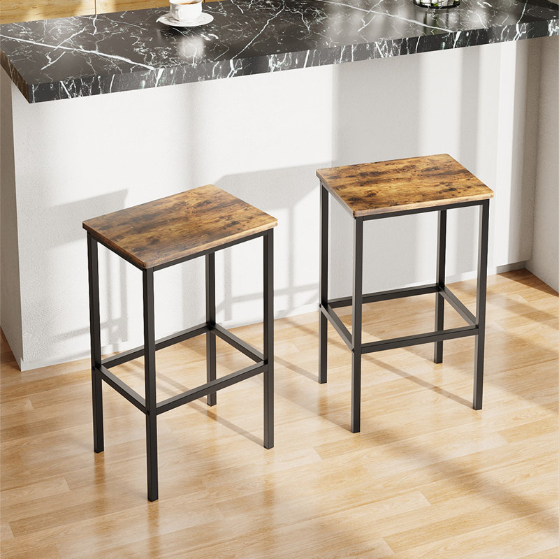 Set of 2 Square Wooden Top Bar Stools with Footrest