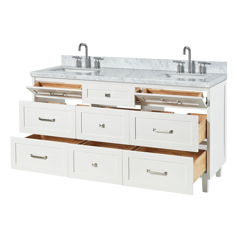 Ariel Monroe 67 Inch Double Rectangular Sink Bathroom Vanity With Italian Carrara Marble Countertop, White