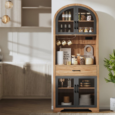 75" Kitchen Pantry Hutch With Arched Glass Doors & Shelves, Wooden Pantry Cabinet For Living Dining Room, Oak