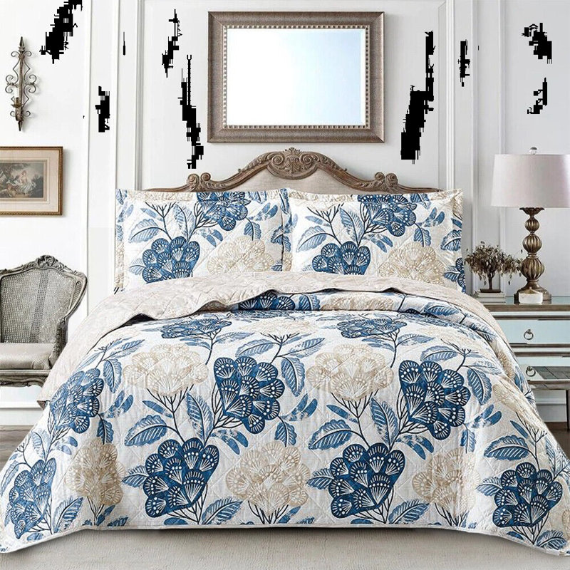 Amala Polyester Floral Bedspread with Pillowcases Included, Super King, Blue