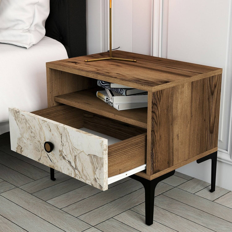 Aliyanah 56cm W Manufactured Wood Bedside Table, Walnut/White Marble