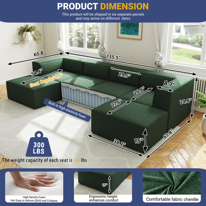 135" Chenille Modular Sectional Sofa, 6-Seat Compression Couch with High-Density Foam, Customizable Configuration, No Assembly Required