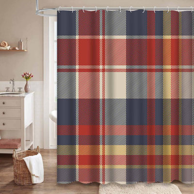 Red Tartan Fabric Plaid Check Repeat Blue Shower Curtain with 12 Hooks