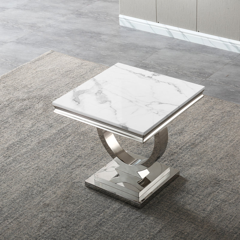 Marleyann Marble Top End Table, White, SIlver