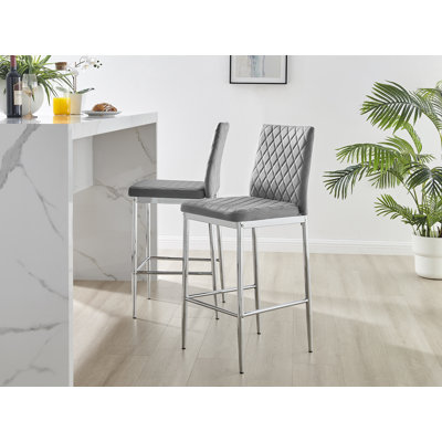 Milton Luxury Breakfast Bar Stool in Quilted Design Velvet Silver Leg - Modern Chic Kitchen