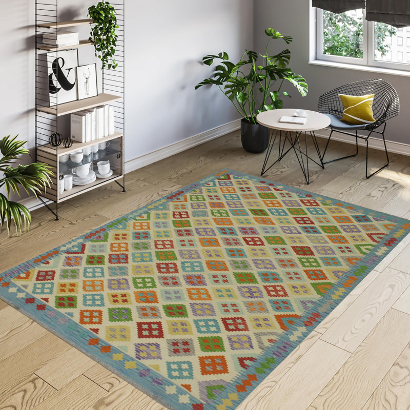 Tapis bleu / vert / orange en laine tissé à la main Kemmie