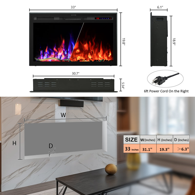 Foyer électrique encastrable 33 po avec contrôle APP, flammes multicolores, craquement, branchement et câblage, 5 vitesses et luminosité, minuterie, 750 W / 1500 W