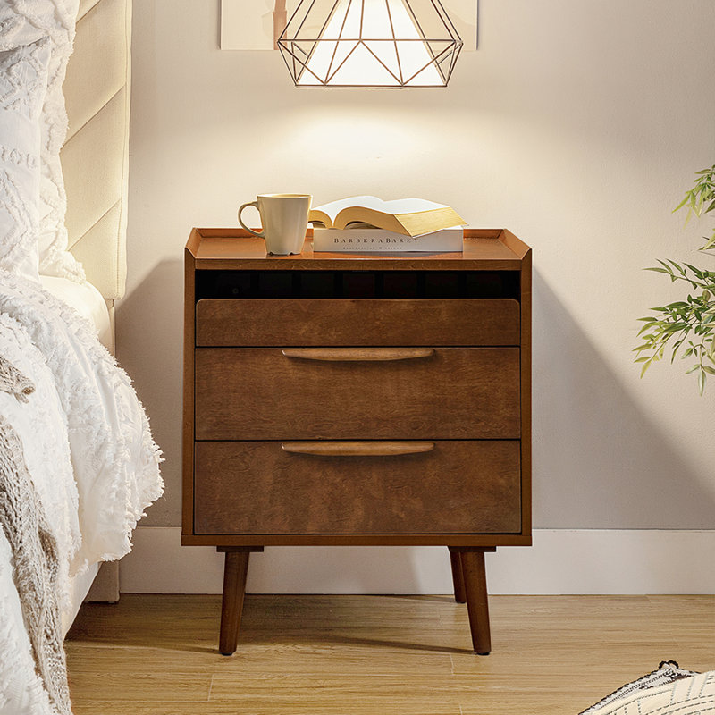 Florrie Mid-Century Modern 3 - Drawer Bedside Table with Charging Station, Walnut