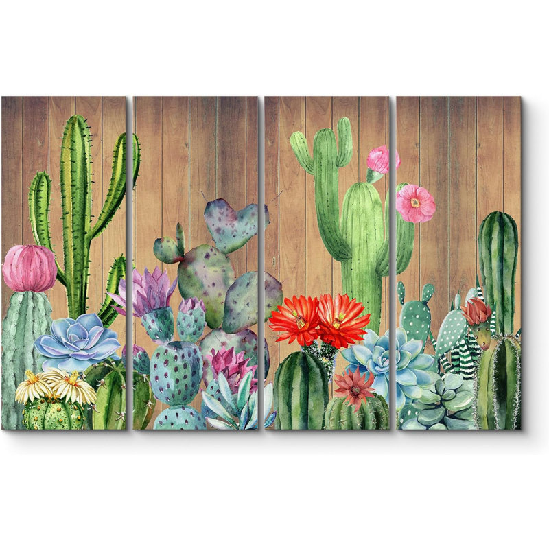 Cactus Desert Watercolor Green Southwest Saguaro Western Desert Cactus On Canvas 4 Pieces Print Large Wall Art IDEA4WALL