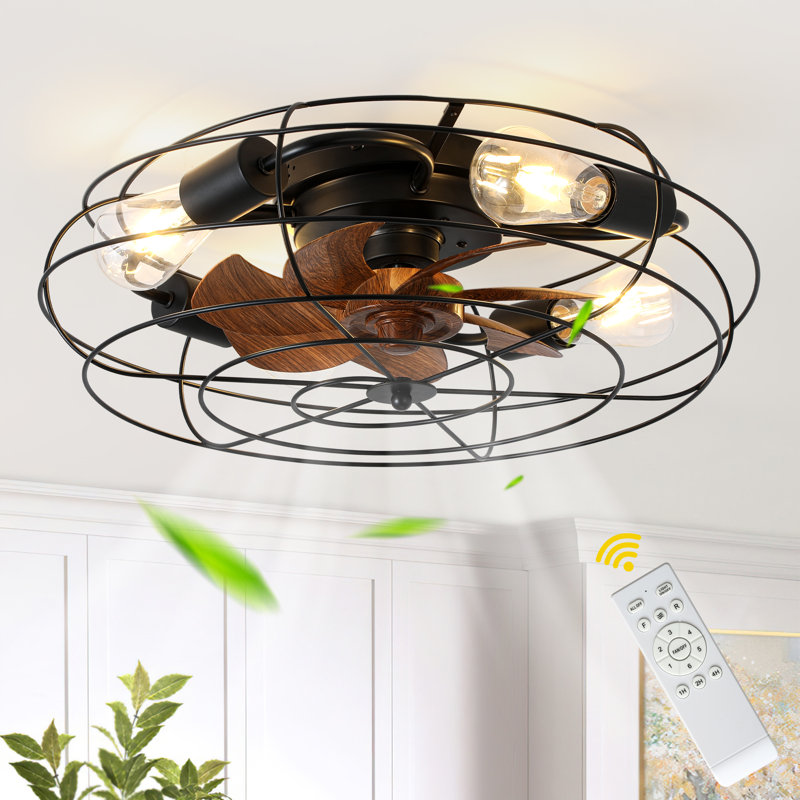 20" Black Industrial Metal Caged Flush Mount Ceiling Fan with Light and Remote, 6-speed DC Motor for Bedroom
