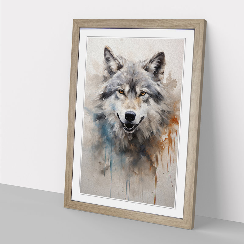 Wolf Gestural No.2 - Single Picture Frame Print on Wood, 46cm H x 34cm W x 2cm D, Oak