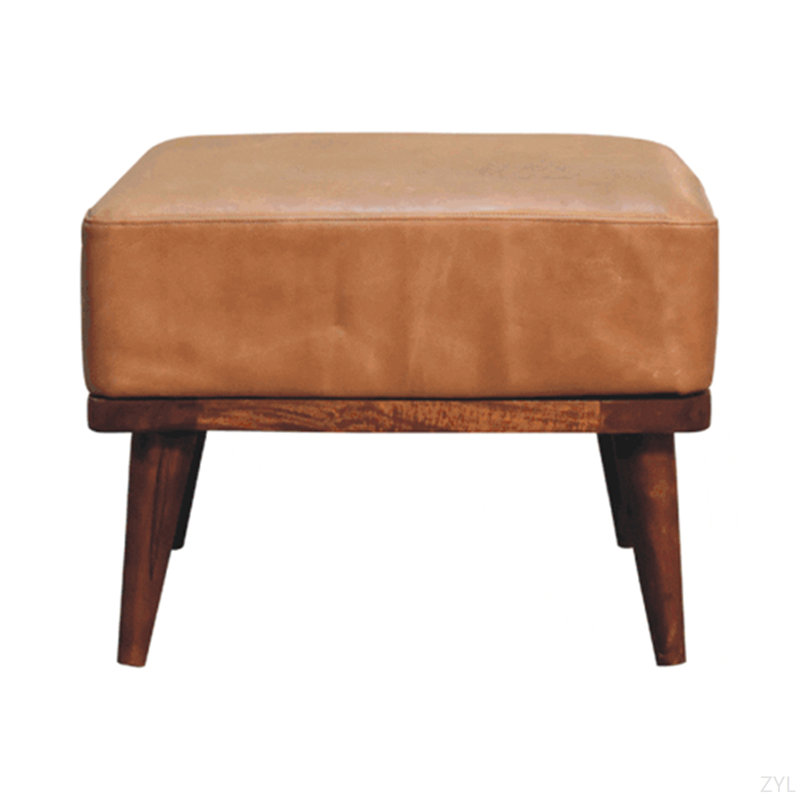 Tabouret Buffalo en cuir, rembourré, pieds nordiques, brun clair et brun foncé