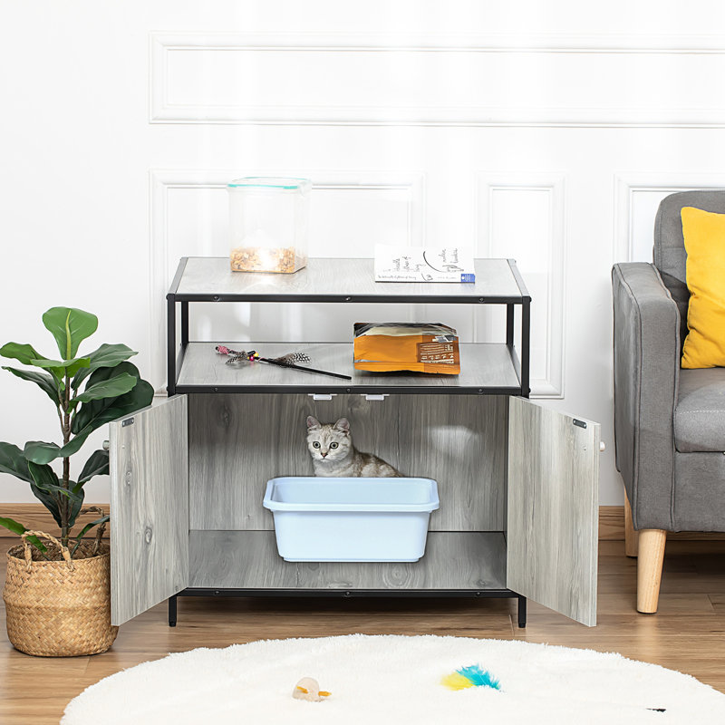 Enceinte de bac à litière grise pour chats - Toilette dissimulée avec rangement et chat magnétique pour garder votre salon bien rangé et caché