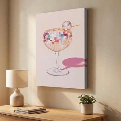 Toile de cocktail sur le thème disco avec décoration de boule en miroir - style Pop Art. Peinture moderne, galerie profonde de 1 po, 24 po x 36 po