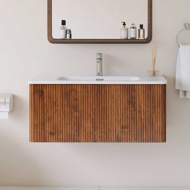 Meuble-lavabo mural simple 36 po avec comptoir intégré en céramique blanche, Brun, 36"