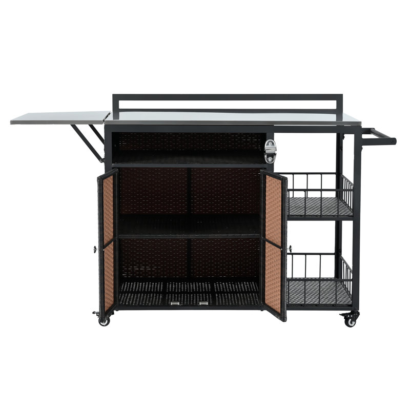 Îlot de cuisine extérieur de 63,5 po avec plateau de table pliable - Chariot de barbecue résistant aux intempéries pour terrasse, station de barbecue dans la cour arrière avec rangement spacieux, brun foncé